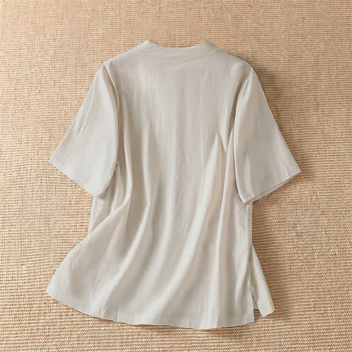 Buddha Stones Summer Casual Tang Style Frog Button Crew Neck Solid Women's Short Sleeve Shirts - image 6