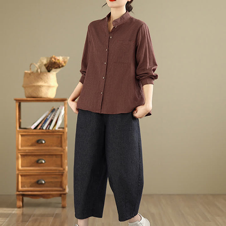 Buddha Stones Summer Casual Tang Style Mandarin Collar Striped Women's Long Sleeve Shirts With Patch Pocket - image 14