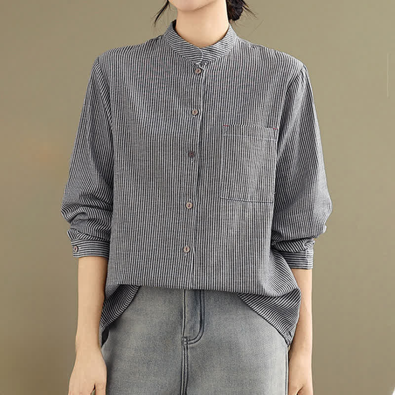 Buddha Stones Summer Casual Tang Style Mandarin Collar Striped Women's Long Sleeve Shirts With Patch Pocket - image 4