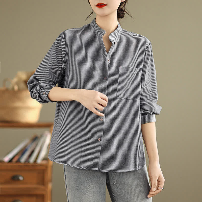 Buddha Stones Summer Casual Tang Style Mandarin Collar Striped Women's Long Sleeve Shirts With Patch Pocket - Gray - US8-10, UK/AU12-14, EU40-42 (2XL) - image 0