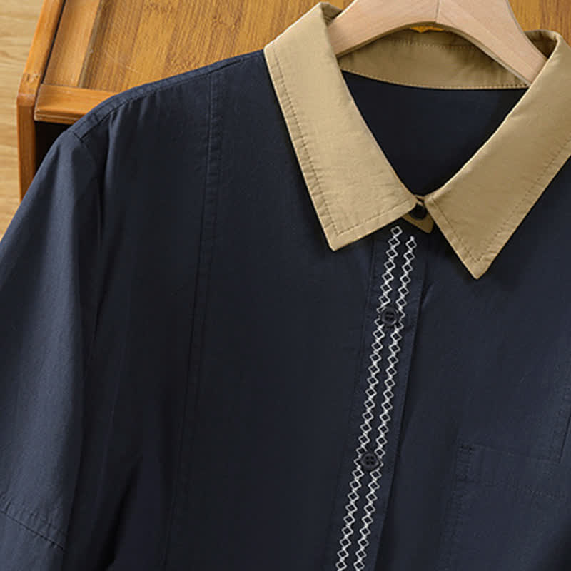 Buddha Stones Summer Casual Minimalist Solid Contrast Trim Women's Long Sleeve Shirts With Patch Pocket - image 5