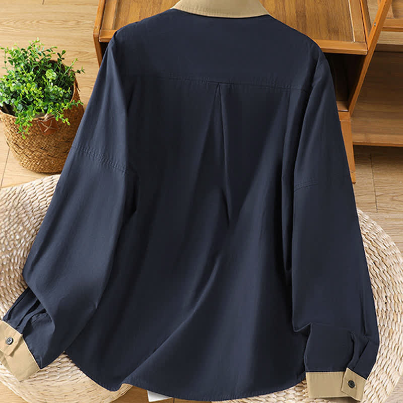 Buddha Stones Summer Casual Minimalist Solid Contrast Trim Women's Long Sleeve Shirts With Patch Pocket - image 1