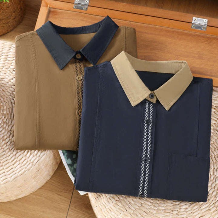 Buddha Stones Summer Casual Minimalist Solid Contrast Trim Women's Long Sleeve Shirts With Patch Pocket - image 20
