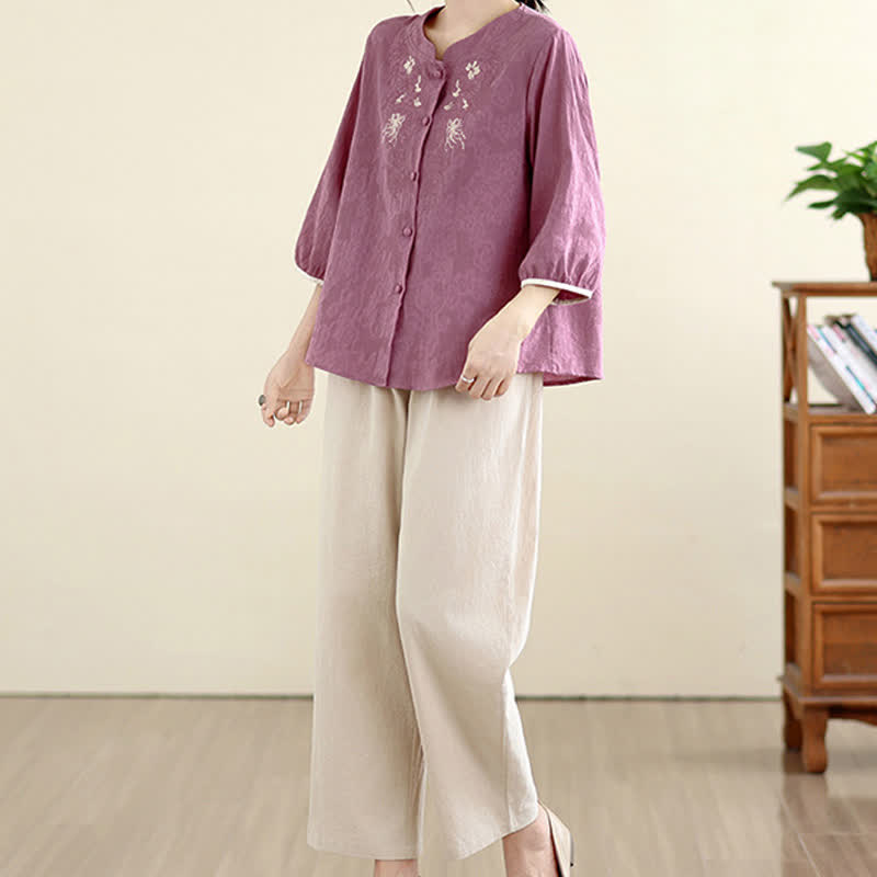 Buddha Stones Summer Vintage Tang Style Embroidery Floral Women's Three-Quarter Sleeve Shirts - image 3