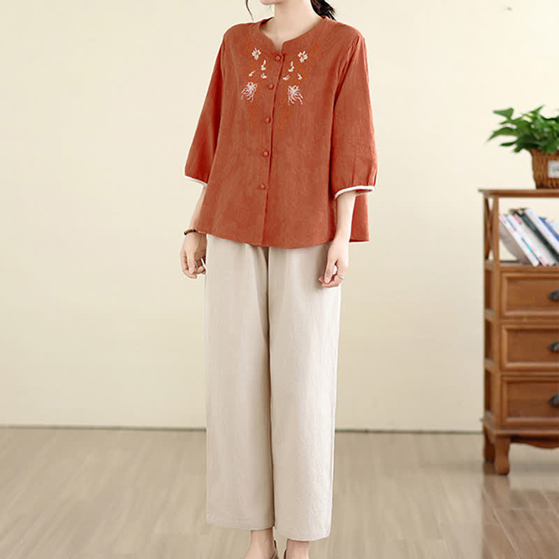 Buddha Stones Summer Vintage Tang Style Embroidery Floral Women's Three-Quarter Sleeve Shirts - image 12