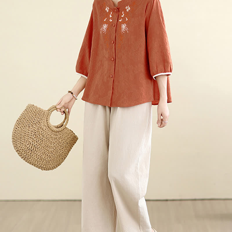 Buddha Stones Summer Vintage Tang Style Embroidery Floral Women's Three-Quarter Sleeve Shirts - image 16