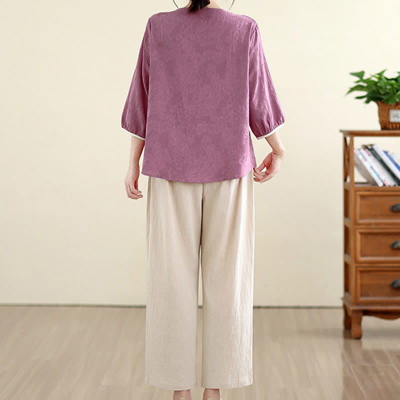 Buddha Stones Summer Vintage Tang Style Embroidery Floral Women's Three-Quarter Sleeve Shirts - image 2