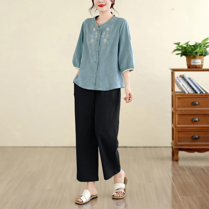 Buddha Stones Summer Vintage Tang Style Embroidery Floral Women's Three-Quarter Sleeve Shirts - image 23