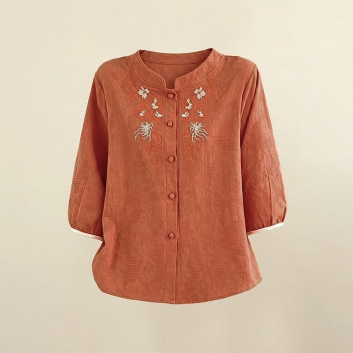 Buddha Stones Summer Vintage Tang Style Embroidery Floral Women's Three-Quarter Sleeve Shirts - image 11