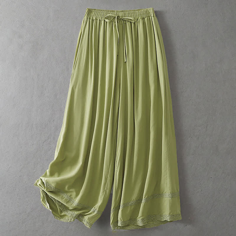 Buddha Stones Summer Casual Elegant Drawstring Solid Cropped Pants Women's Wide Leg Pants With Pockets - YellowGreen - US8-10, UK/AU12-14, EU40-42 (2XL) - image 0