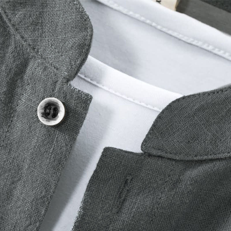 Buddha Stones Spring Summer Casual Tang Style Mandarin Collar Solid Men's Long Sleeve Shirts With Pocket - image 6