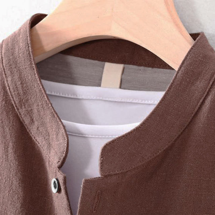 Buddha Stones Spring Summer Casual Tang Style Mandarin Collar Solid Men's Long Sleeve Shirts With Pocket - image 1