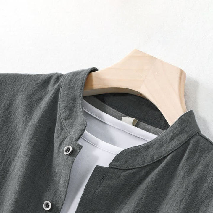 Buddha Stones Spring Summer Casual Tang Style Mandarin Collar Solid Men's Long Sleeve Shirts With Pocket - image 5