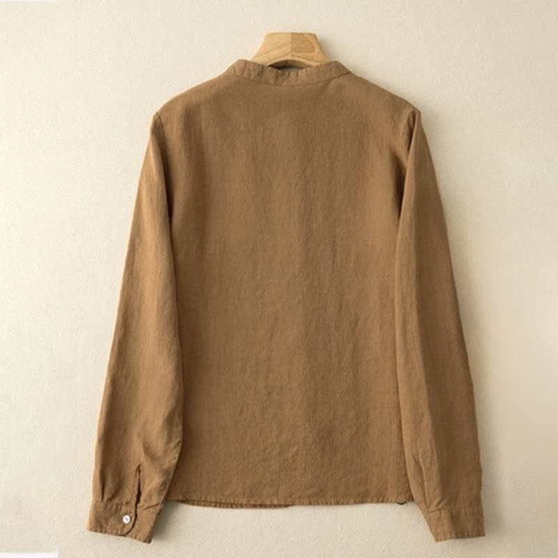 Buddha Stones Fall Casual Tang Style Mandarin Collar Solid Women's Long Sleeve Shirts - image 10