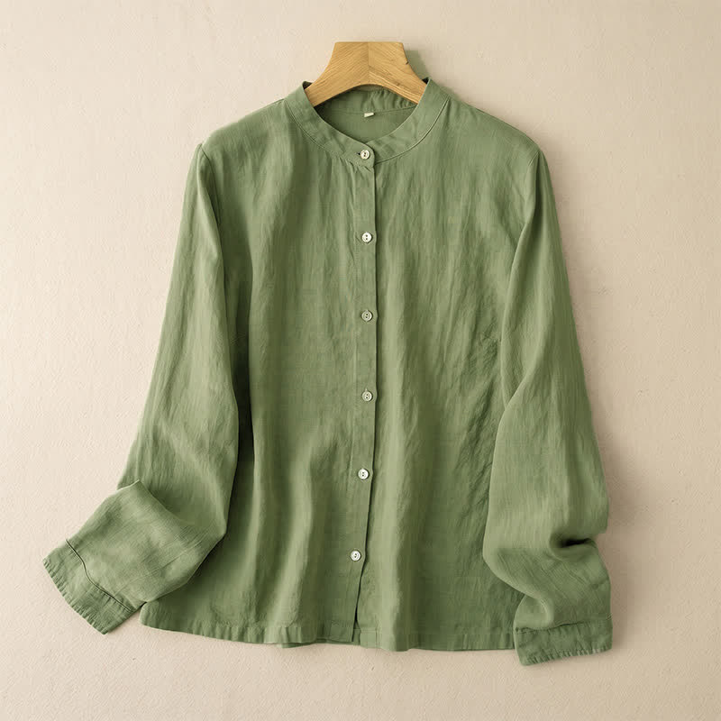 Buddha Stones Fall Casual Tang Style Mandarin Collar Solid Women's Long Sleeve Shirts - DarkSeaGreen - US12, UK/AU16, EU44 (3XL) - image 0