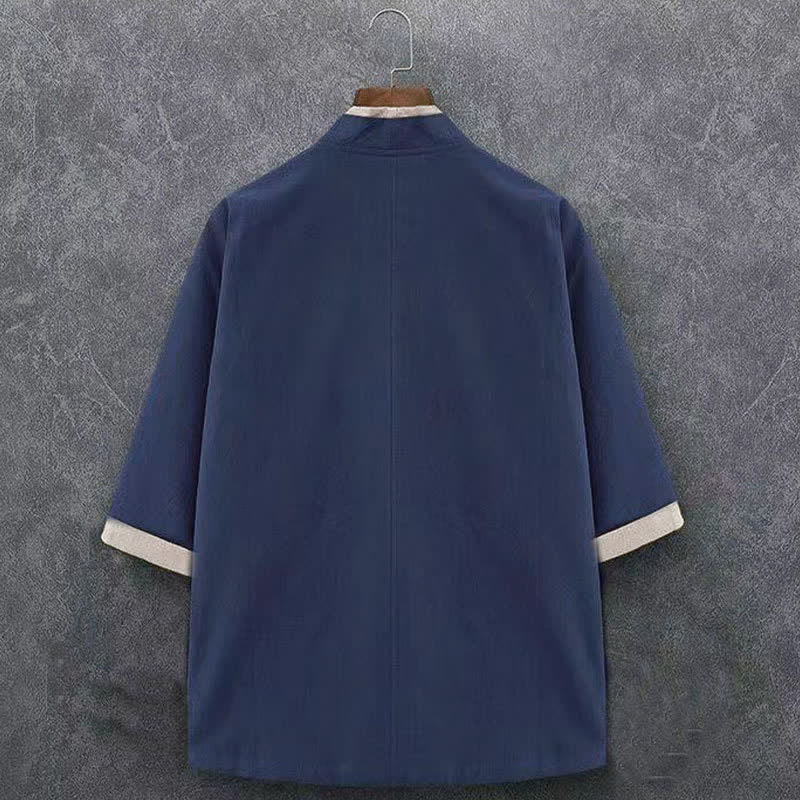 Buddha Stones Spring Summer Minimalist Casual Knot Button Solid Cotton Three-Quarter Sleeve Men's Kimono - image 1