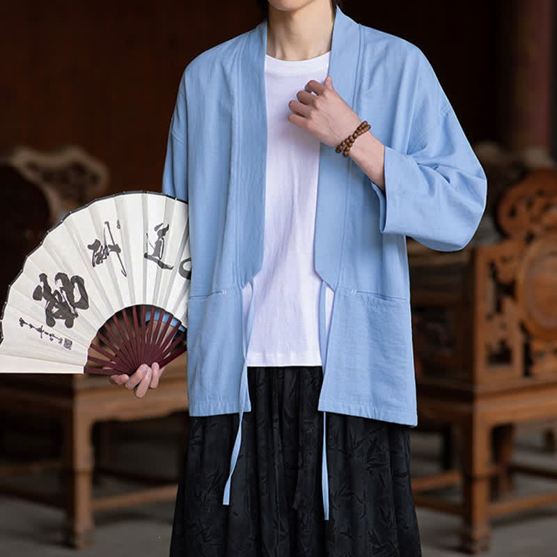Buddha Stones Spring Summer Casual Minimalist Drawstring Solid Three-Quarter Sleeve Men's Kimono With Pocket - image 10