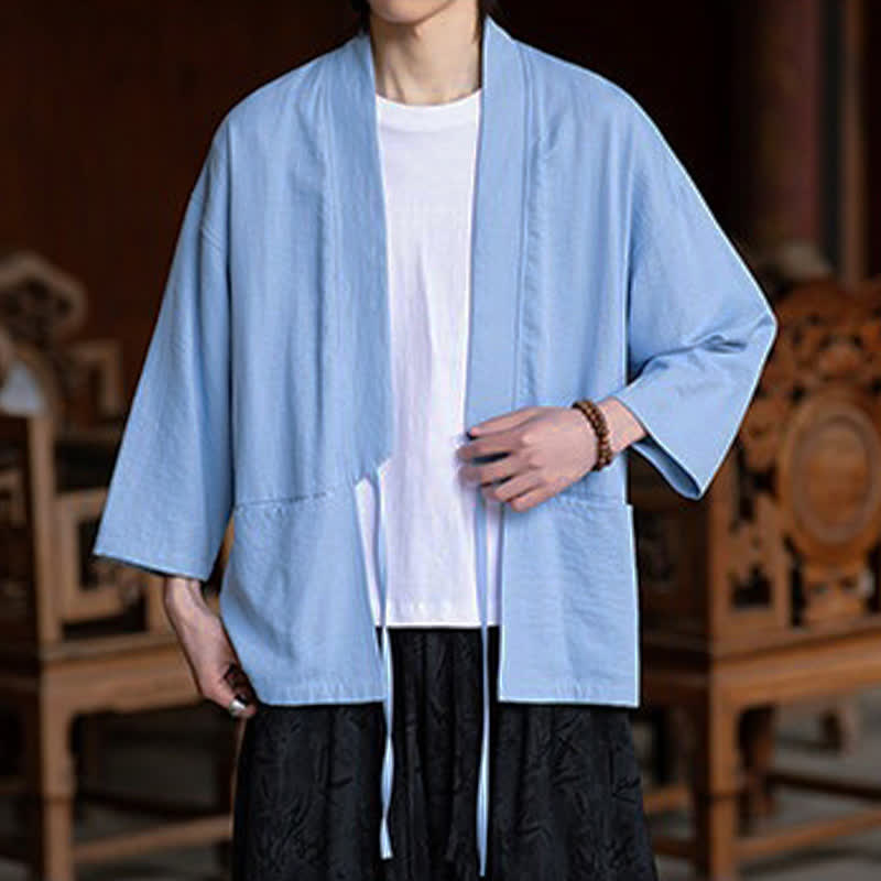Buddha Stones Spring Summer Casual Minimalist Drawstring Solid Three-Quarter Sleeve Men's Kimono With Pocket - image 17