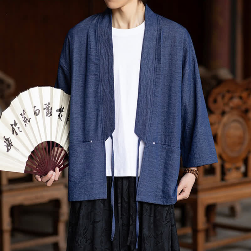 Buddha Stones Spring Summer Casual Minimalist Drawstring Solid Three-Quarter Sleeve Men's Kimono With Pocket - image 5