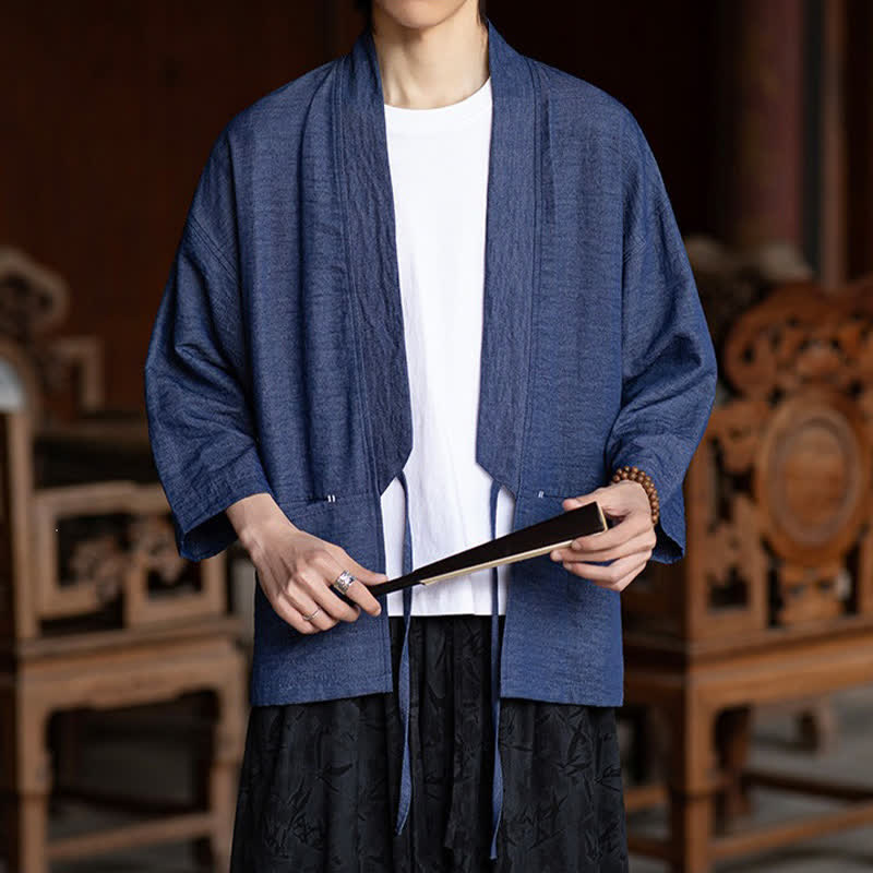 Buddha Stones Spring Summer Casual Minimalist Drawstring Solid Three-Quarter Sleeve Men's Kimono With Pocket - image 6