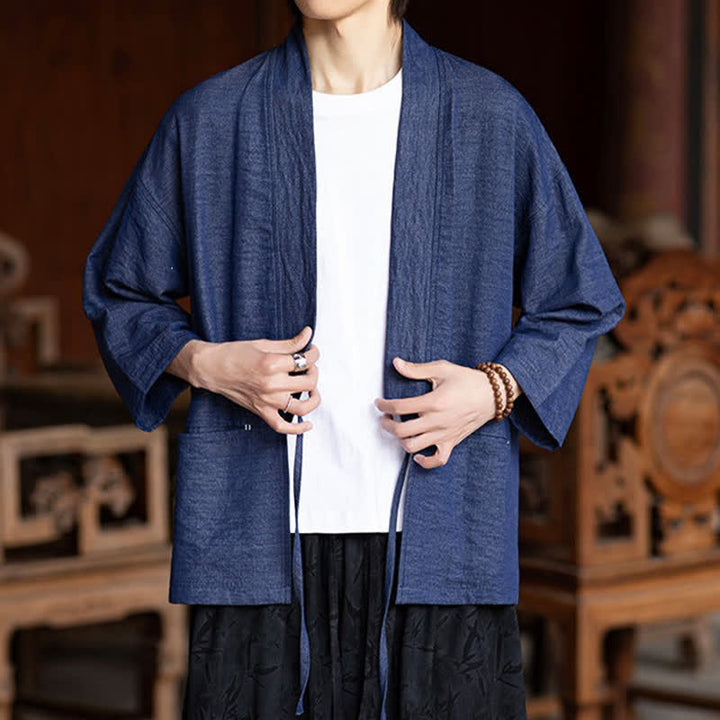 Buddha Stones Spring Summer Casual Minimalist Drawstring Solid Three-Quarter Sleeve Men's Kimono With Pocket - image 7