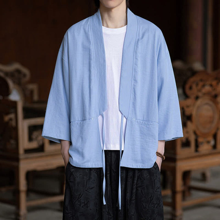 Buddha Stones Spring Summer Casual Minimalist Drawstring Solid Three-Quarter Sleeve Men's Kimono With Pocket - LightBlue - US/UK/AU46, EU56 (5XL) - image 9