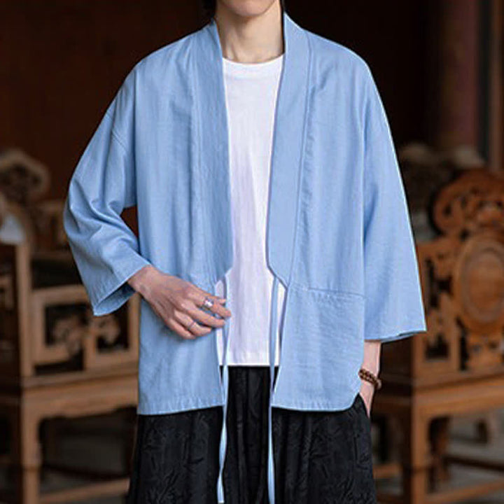 Buddha Stones Spring Summer Casual Minimalist Drawstring Solid Three-Quarter Sleeve Men's Kimono With Pocket - image 16
