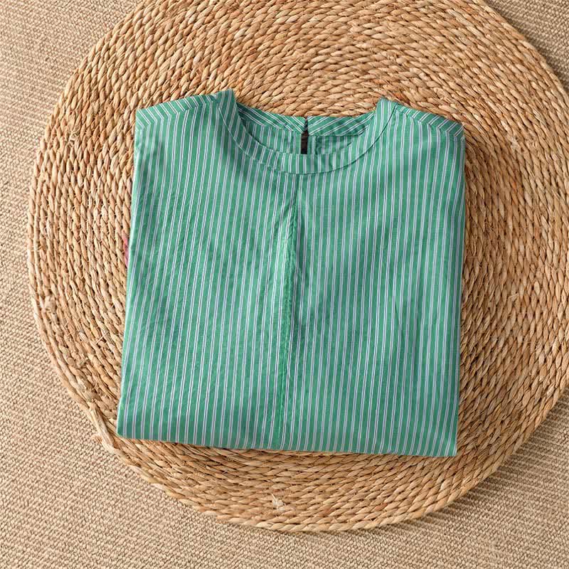 Buddha Stones Spring Casual Minimalist Green Striped Crew Neck Women's Long Sleeve T-Shirt - image 2