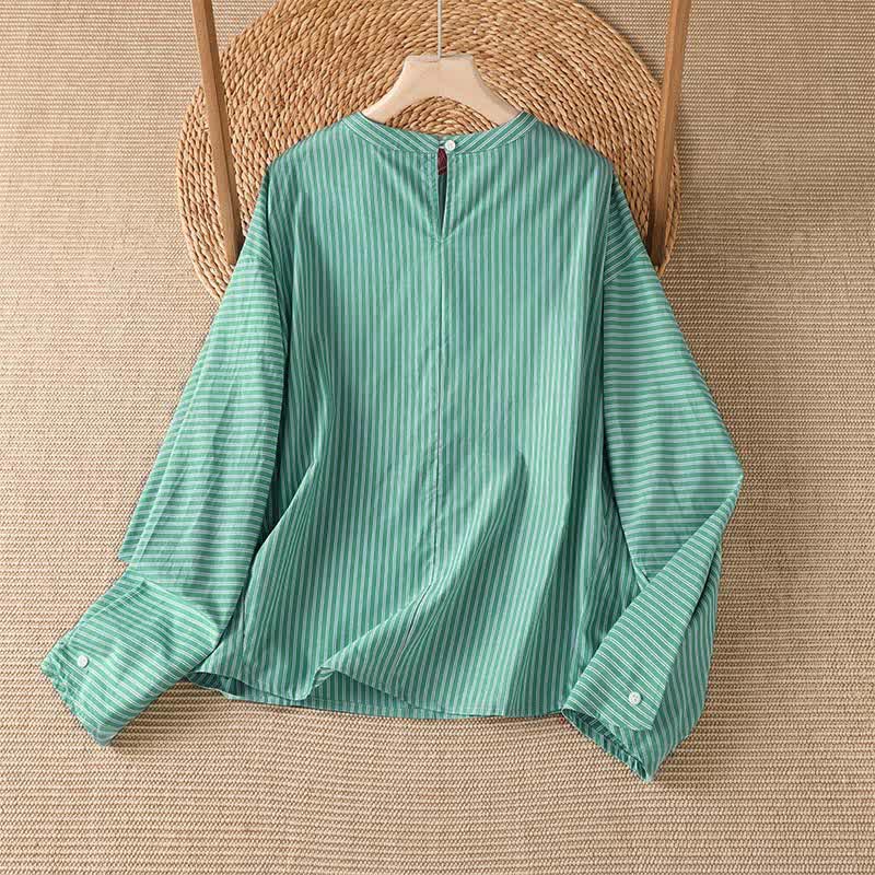 Buddha Stones Spring Casual Minimalist Green Striped Crew Neck Women's Long Sleeve T-Shirt - image 1
