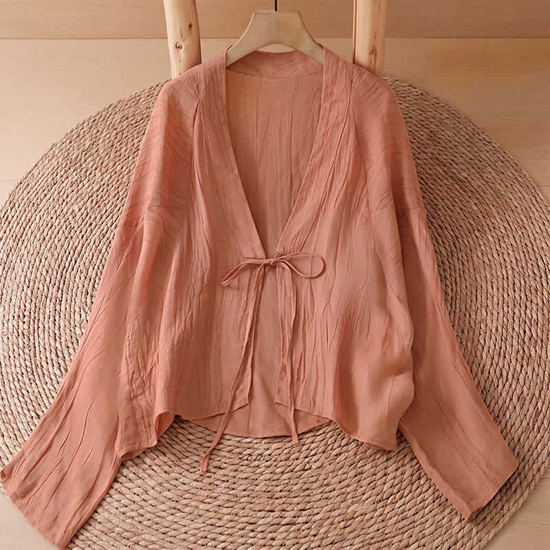 Buddha Stones Summer Casual Boho Wrinkle Design Drawstring Solid Women's Kimono - DarkSalmon - US14, UK/AU18, EU46 (2XL) - image 26