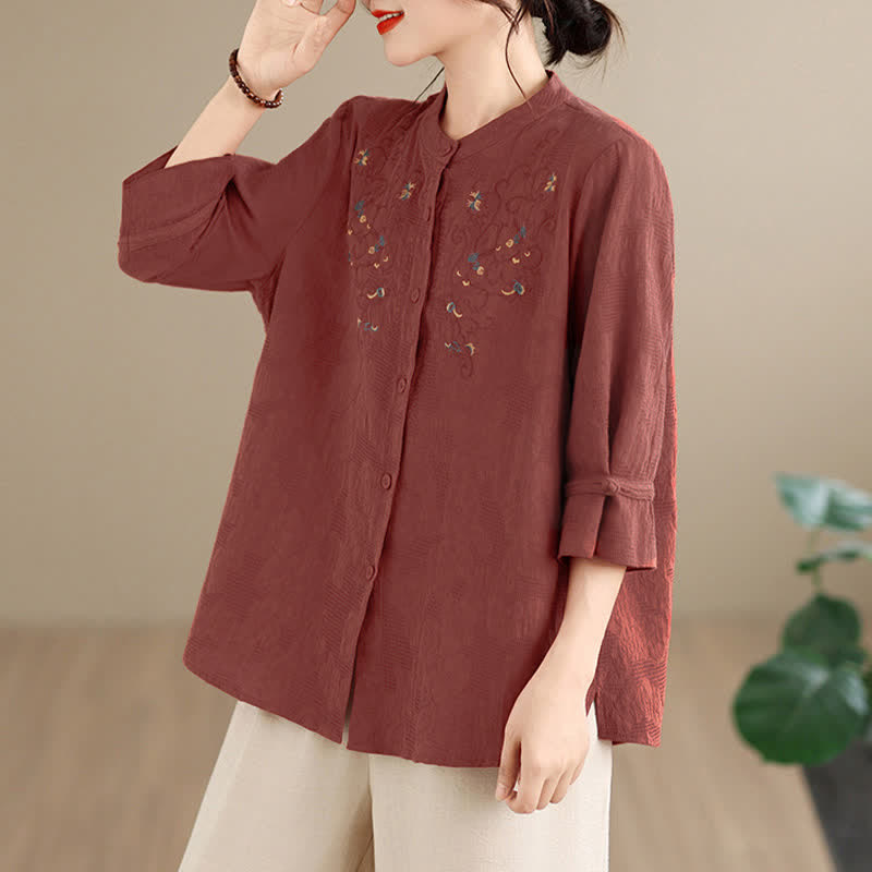 Buddha Stones Spring Summer Vintage Tang Style Embroidery Mandarin Collar Floral Women's Long Sleeve Shirts - image 2