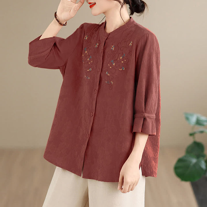 Buddha Stones Spring Summer Vintage Tang Style Embroidery Mandarin Collar Floral Women's Long Sleeve Shirts - image 2