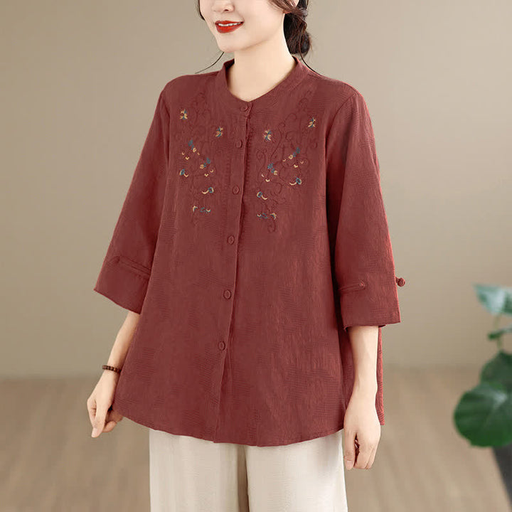 Buddha Stones Spring Summer Vintage Tang Style Embroidery Mandarin Collar Floral Women's Long Sleeve Shirts - Sienna - US12, UK/AU16, EU44 (3XL) - image 0