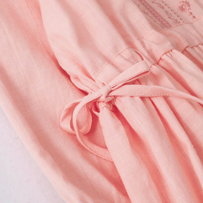 Buddha Stones Spring Summer Casual Vintage Button-Up Drawstring Solid Crew Neck Women's Three-Quarter Sleeve Dress - image 14
