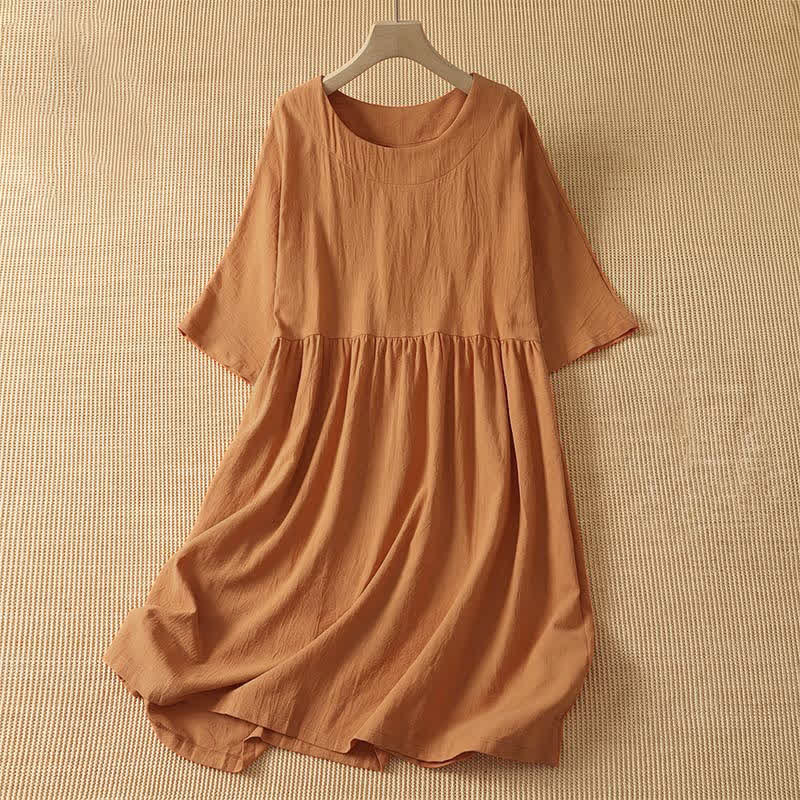 Buddha Stones Summer Casual Minimalist Solid Orange Crew Neck Women's Short Sleeve Dress - Peru - US14, UK/AU18, EU46 (2XL) - image 0