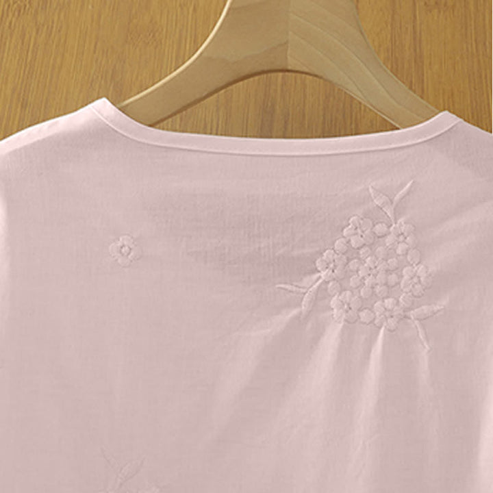 Buddha Stones Summer Casual Embroidery Floral Crew Neck Women's Three-Quarter Sleeve Dress With Pockets - image 9