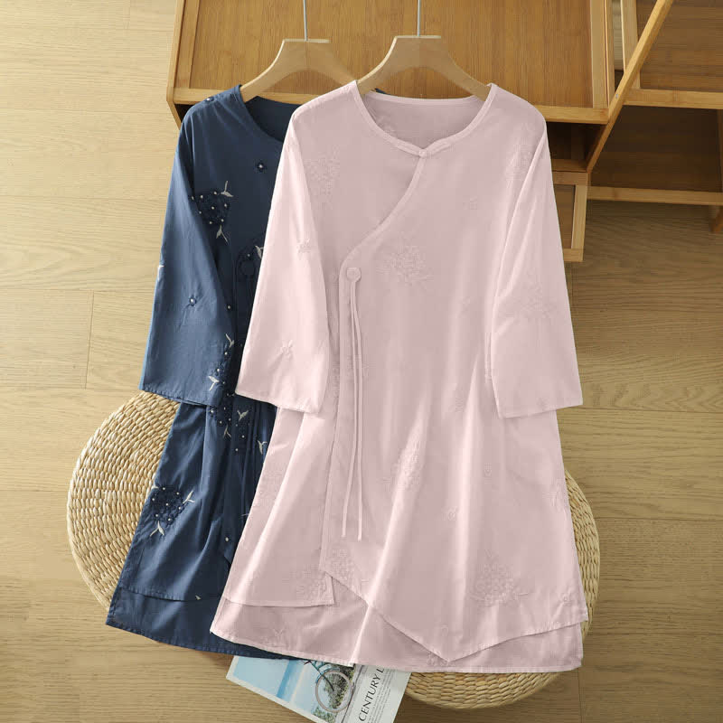Buddha Stones Summer Casual Embroidery Floral Crew Neck Women's Three-Quarter Sleeve Dress With Pockets - image 17