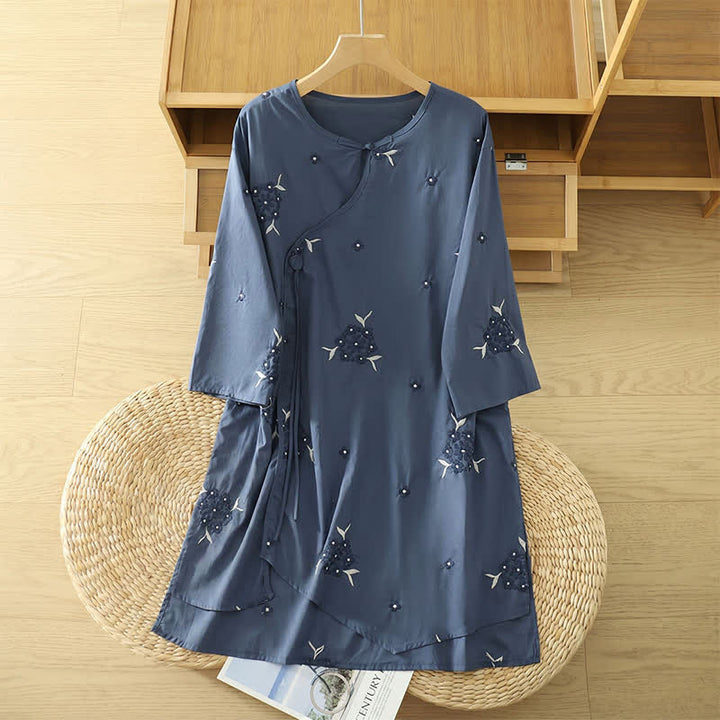 Buddha Stones Summer Casual Embroidery Floral Crew Neck Women's Three-Quarter Sleeve Dress With Pockets - SteelBlue - US14, UK/AU18, EU46 (2XL) - image 0