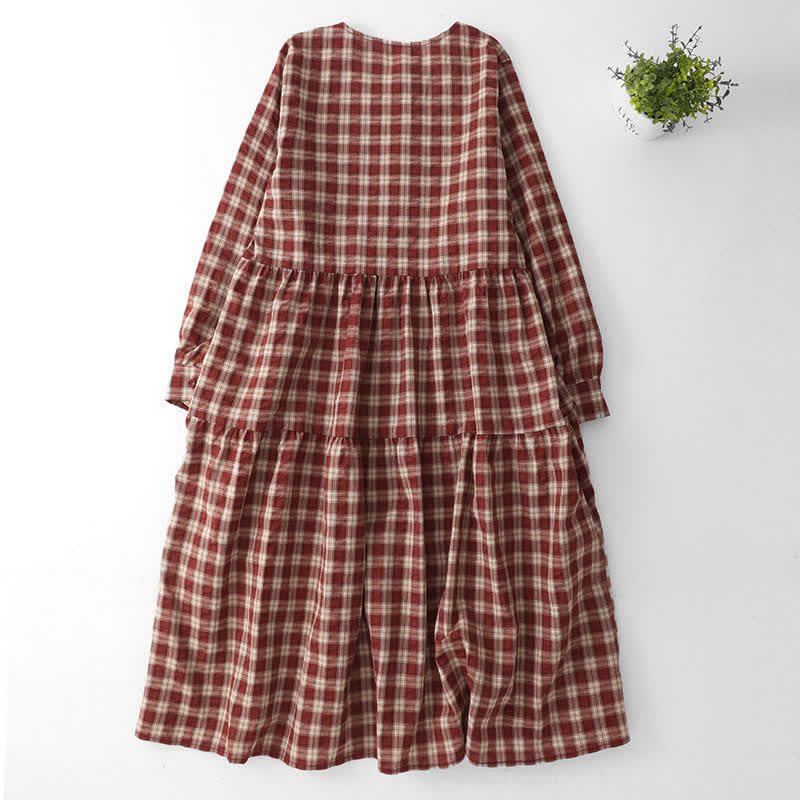 Buddha Stones Fall Casual Vintage Button-Up Red Plaid Tiered Women's Long Sleeve Dress With Pocket - image 1