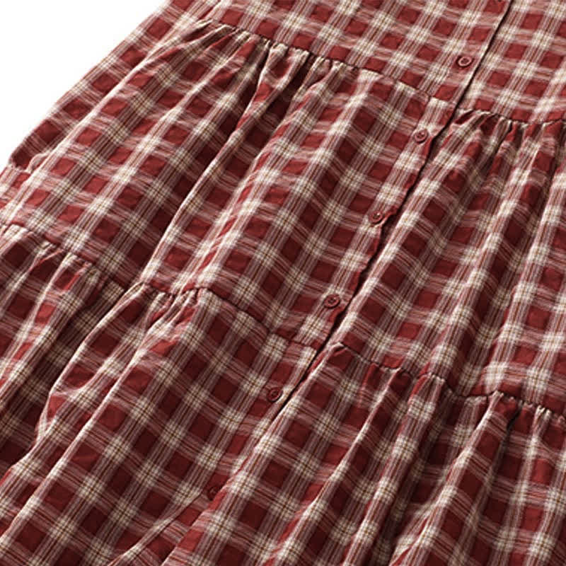Buddha Stones Fall Casual Vintage Button-Up Red Plaid Tiered Women's Long Sleeve Dress With Pocket - image 6