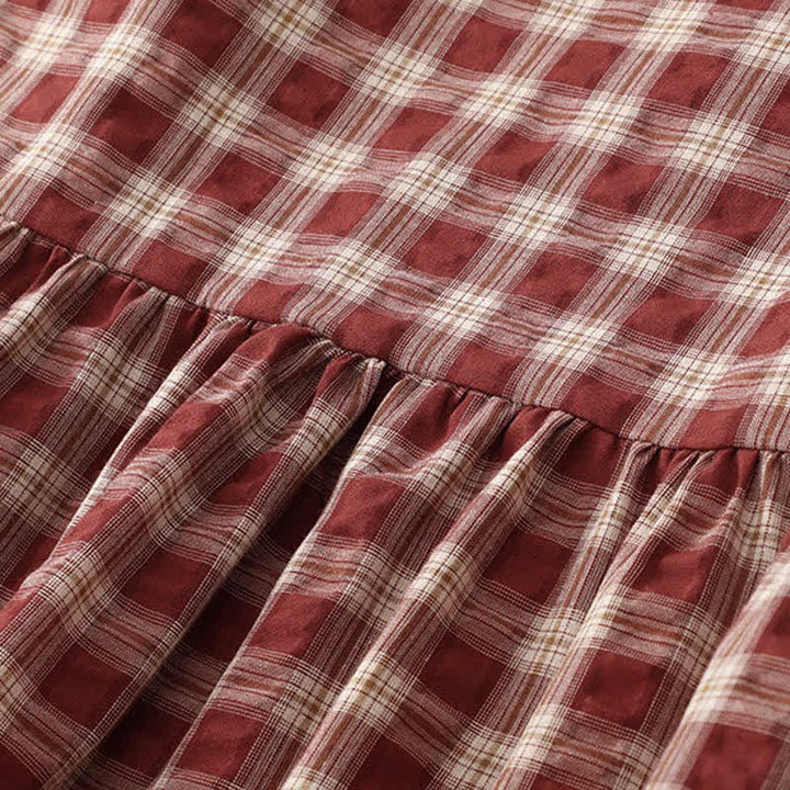 Buddha Stones Fall Casual Vintage Button-Up Red Plaid Tiered Women's Long Sleeve Dress With Pocket - image 5