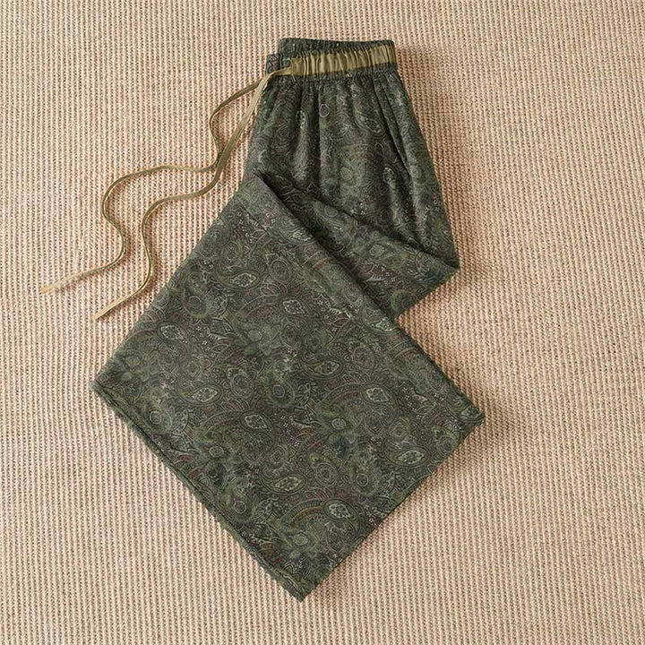 Buddha Stones Spring Summer Boho Drawstring Green Abstract Long Pants Women's Wide Leg Pants With Pocket - image 2