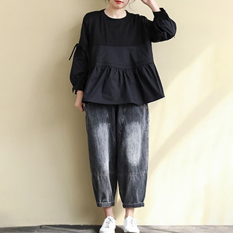 Buddha Stones Spring Fall Casual Vintage Crew Neck Peplum Hem Drawstring Solid Women's Long Sleeve T-Shirt - image 22