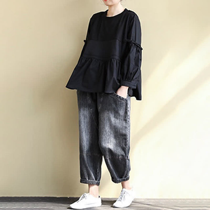 Buddha Stones Spring Fall Casual Vintage Crew Neck Peplum Hem Drawstring Solid Women's Long Sleeve T-Shirt - image 23