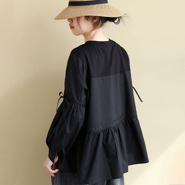 Buddha Stones Spring Fall Casual Vintage Crew Neck Peplum Hem Drawstring Solid Women's Long Sleeve T-Shirt - image 20