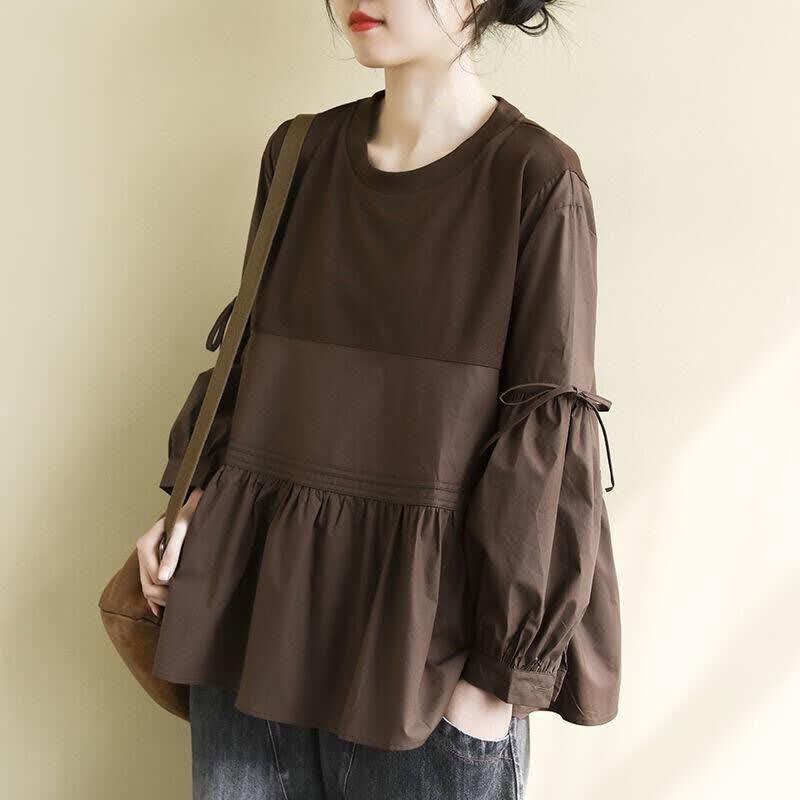 Buddha Stones Spring Fall Casual Vintage Crew Neck Peplum Hem Drawstring Solid Women's Long Sleeve T-Shirt - SaddleBrown - US12, UK/AU16, EU44 (2XL) - image 0
