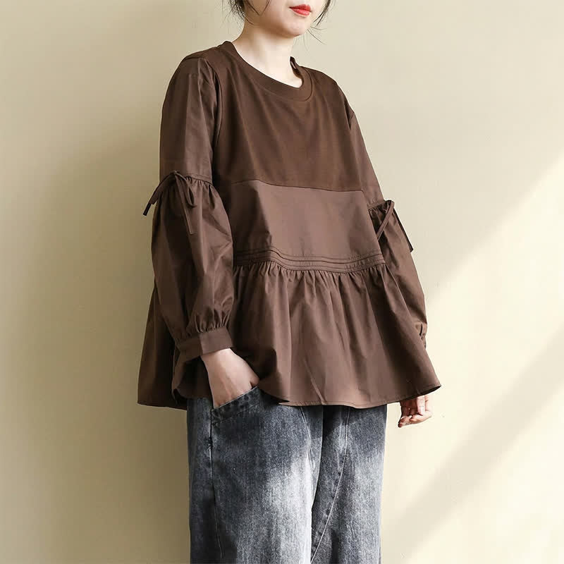 Buddha Stones Spring Fall Casual Vintage Crew Neck Peplum Hem Drawstring Solid Women's Long Sleeve T-Shirt - image 12