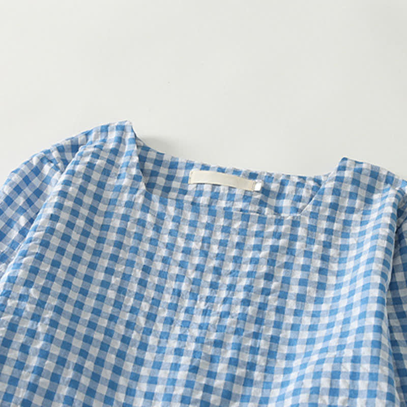 Buddha Stones Spring Casual Vintage Light Blue Plaid Crew Neck Women's Long Sleeve Dress With Pocket - image 2