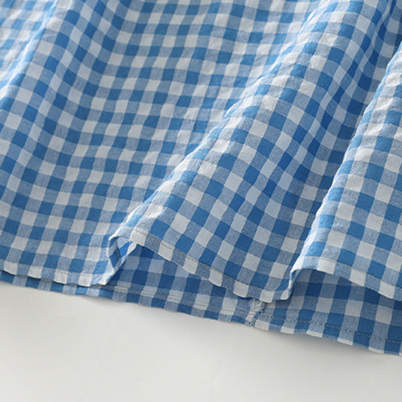 Buddha Stones Spring Casual Vintage Light Blue Plaid Crew Neck Women's Long Sleeve Dress With Pocket - image 9