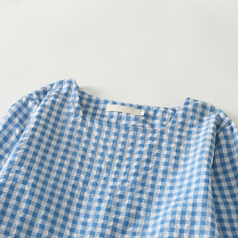 Buddha Stones Spring Casual Vintage Light Blue Plaid Crew Neck Women's Long Sleeve Dress With Pocket - image 4